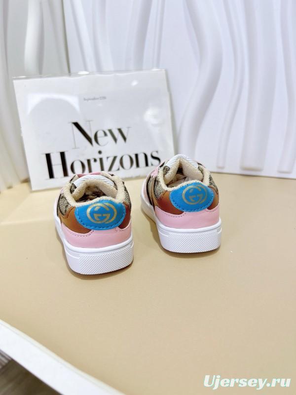 2024 Kids Gucci Pink Beige Canvas Leather Sneakers