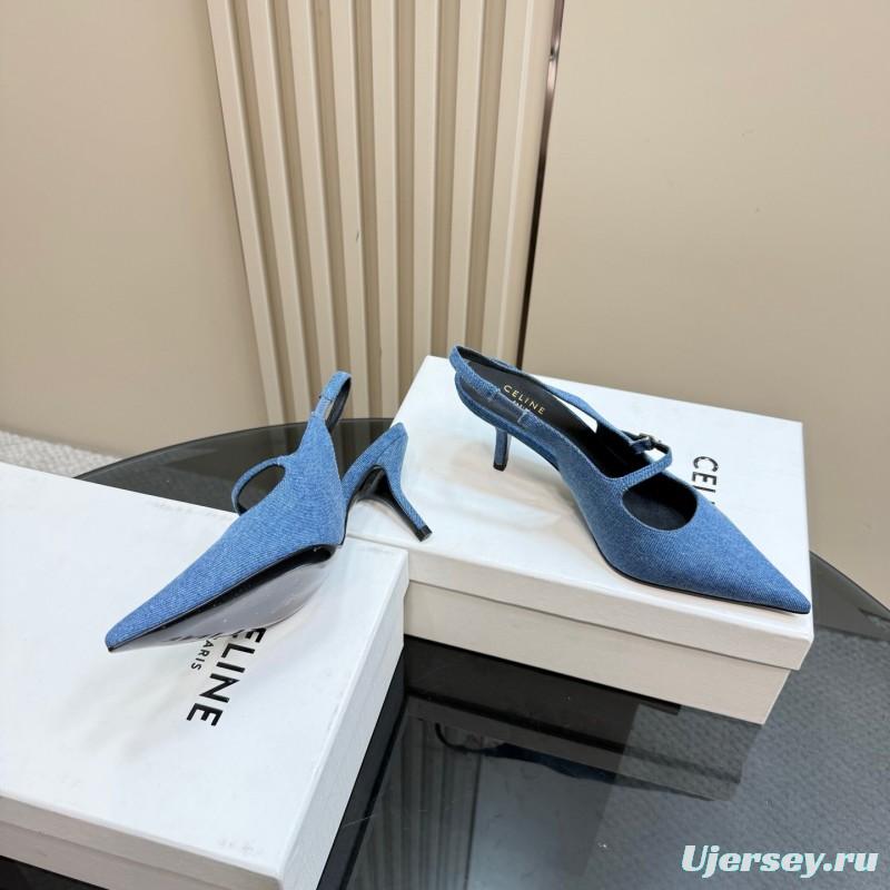 2025 Women CELINE Blue Denim Suede Slingback Pumps KFY00290