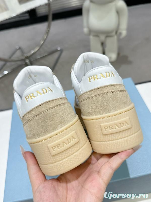 2025 Women Prada White Beige Leather Sneakers