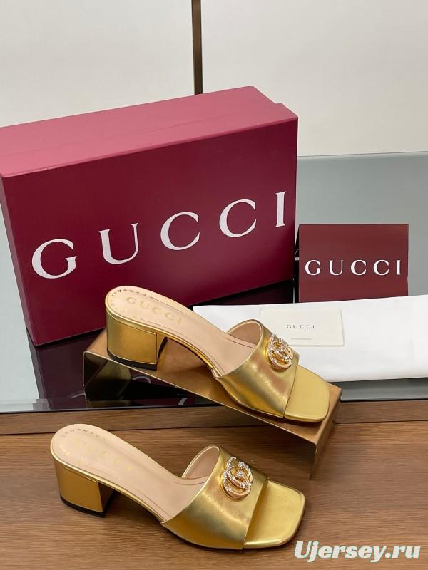 2025 Women Gucci Gold Leather Mules Block Heel