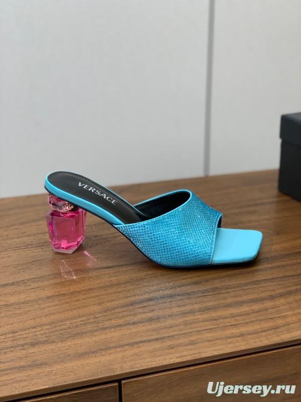 2025 Women VERSACE Blue Leather Slippers