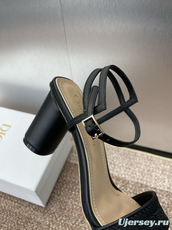 2025 Women Dior Black Leather Fabric Sandals