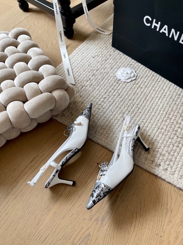 2025 Women Chanel White Black Python Leather Slingback Heels