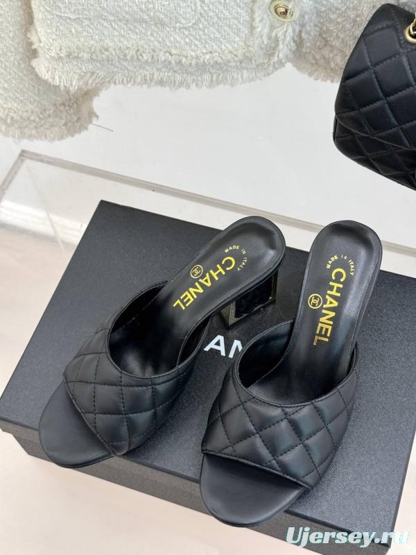 2025 Women Chanel Black Sheepskin Quilted High Heel Sandals