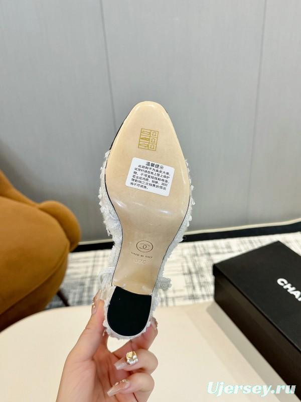 2025 Women Chanel White Black Leather Tweed Slingback Block Heel LY00270