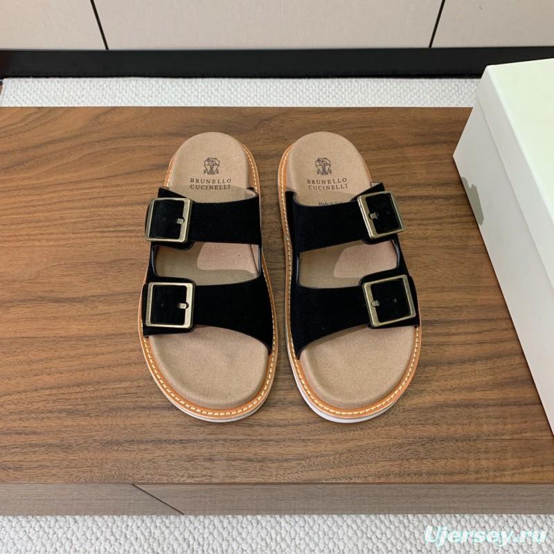 2025 Unisex Brunello Cucinelli Black Suede Leather Slippers KFY00250