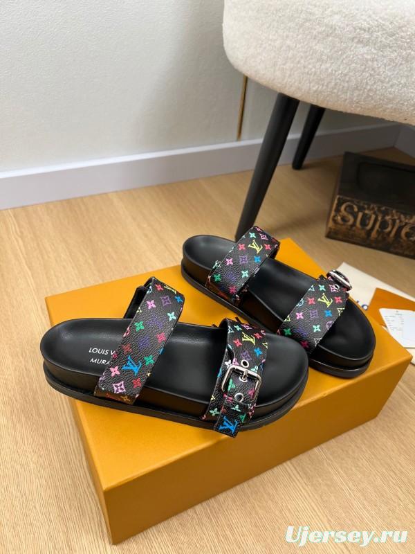 2025 Women Louis Vuitton Black Rainbow Canvas Slippers KFY00280
