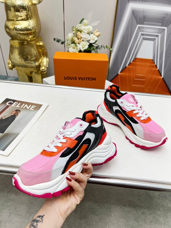 2025 Women Louis Vuitton Pink Orange Black Mesh Leather Sneakers LY00340