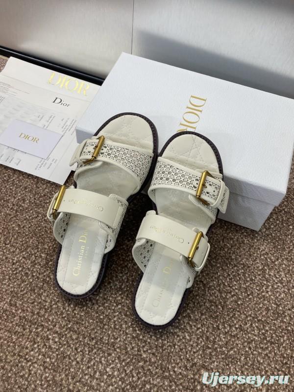 2025 Women Dior White Calfskin Leather Slippers CD Logo Buckle KFY00300