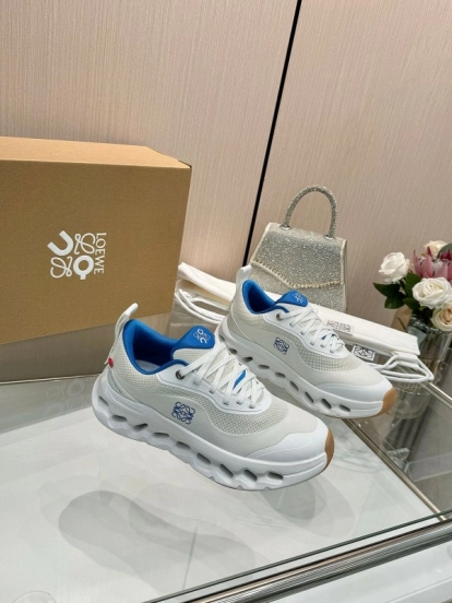 2025 Unisex Loewe White Blue Mesh Leather Sneakers