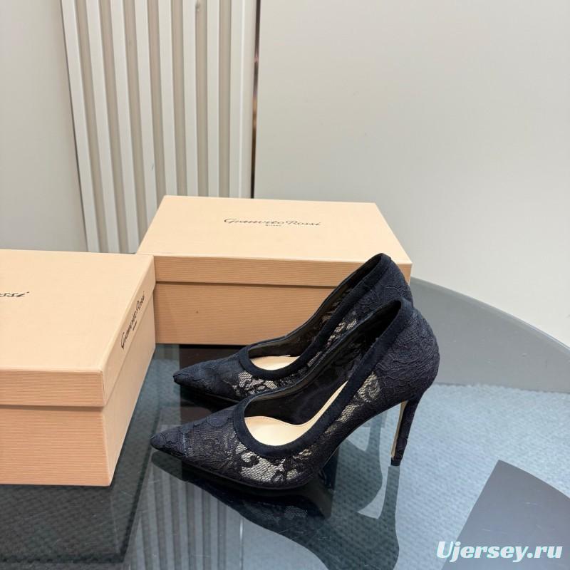 2025 Women Gianvito Rossi Black Lace Leather High Heel KFY00280