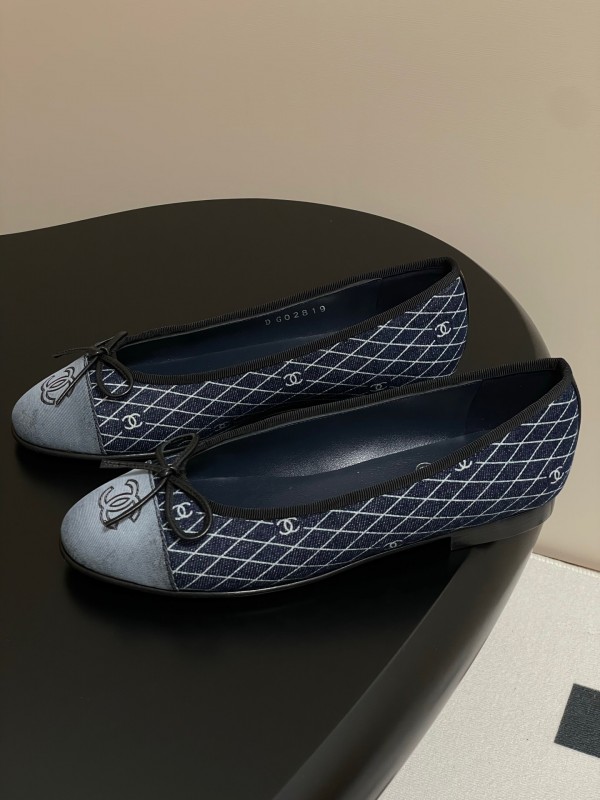 2025 Women Chanel Blue Denim Leather Ballet Flat