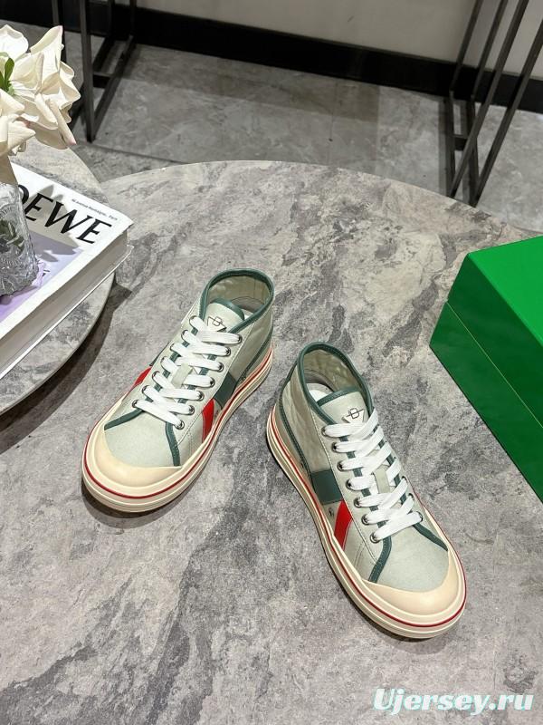 2025 Women Bottega Veneta Green White Red Canvas Leather High Top Sneakers