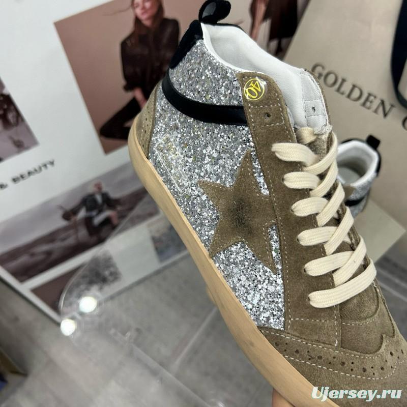 2024 Unisex Golden Goose Deluxe Brand Grey Silver Glitter Suede Leather High-Top Sneakers MJ00300