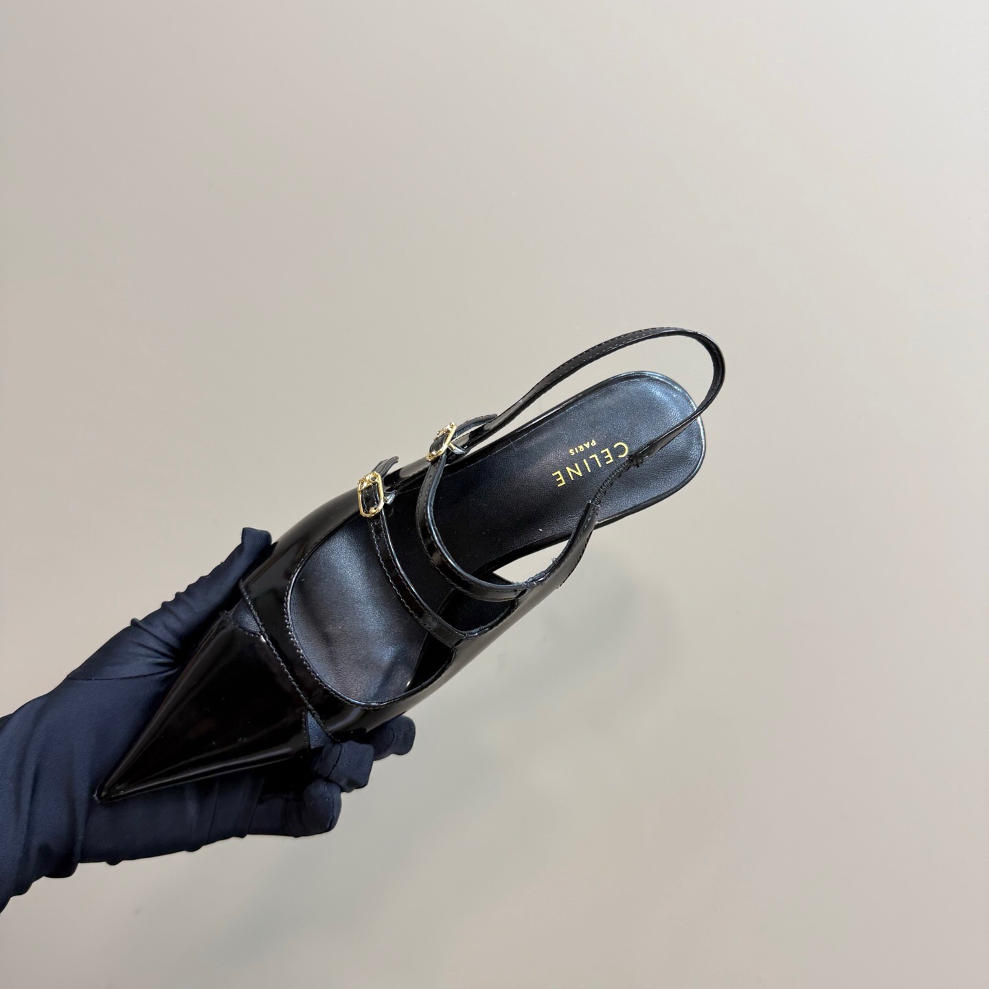2025 Women CELINE Black Patent Leather Pointed Toe Slingback Heels