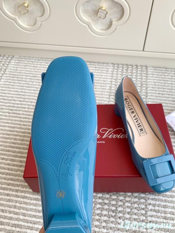 2025 Women Roger Vivier Blue Patent Leather Ballet Flat Square Buckle KFY00310