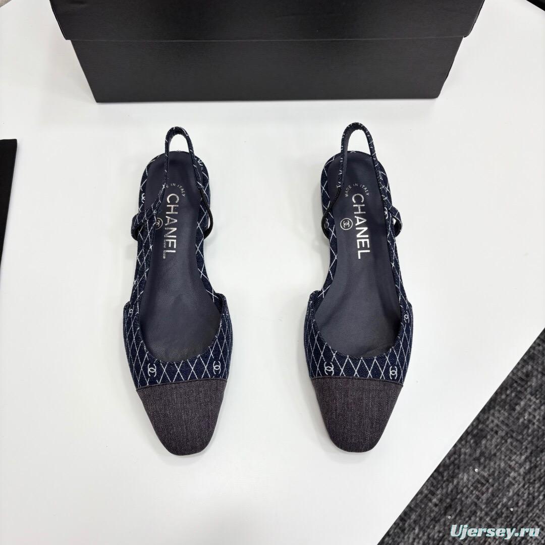 2025 Women Chanel Navy Blue Grey Fabric Leather Slingback LY00000