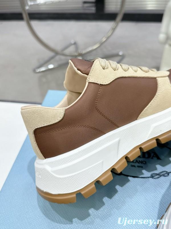 2025 Women Prada Beige Brown Leather Sneakers KFY00310