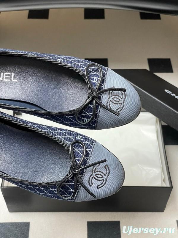 2025 Women Chanel Blue Denim Leather Ballet Flat