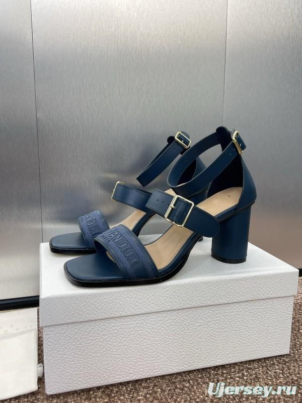 2025 Women Dior Navy Blue Leather Sandals Ankle Strap KFY00310