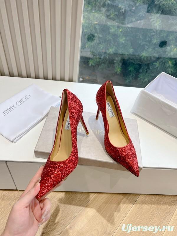 2025 Women Jimmy Choo Red Glitter Leather Pumps