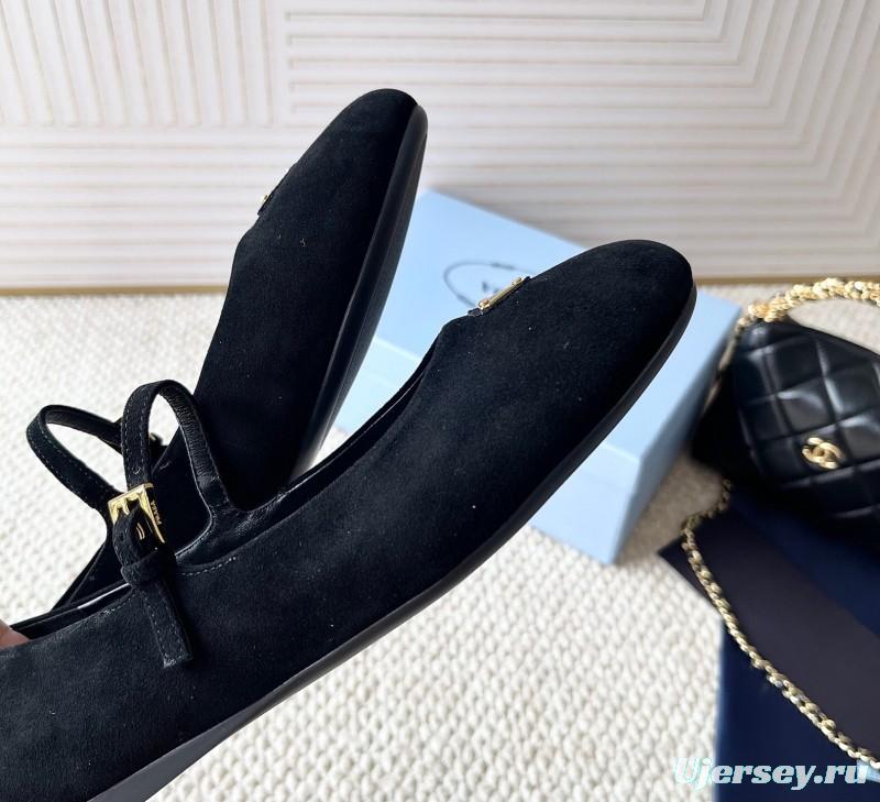 2025 Women Prada Black Suede Mary Jane Ballet Flat
