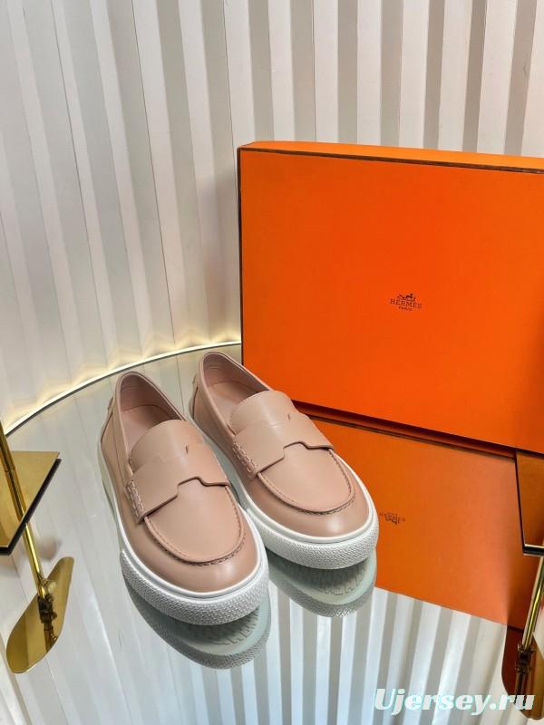 2025 Women Hermès Pink Leather Loafers LY00310(F)