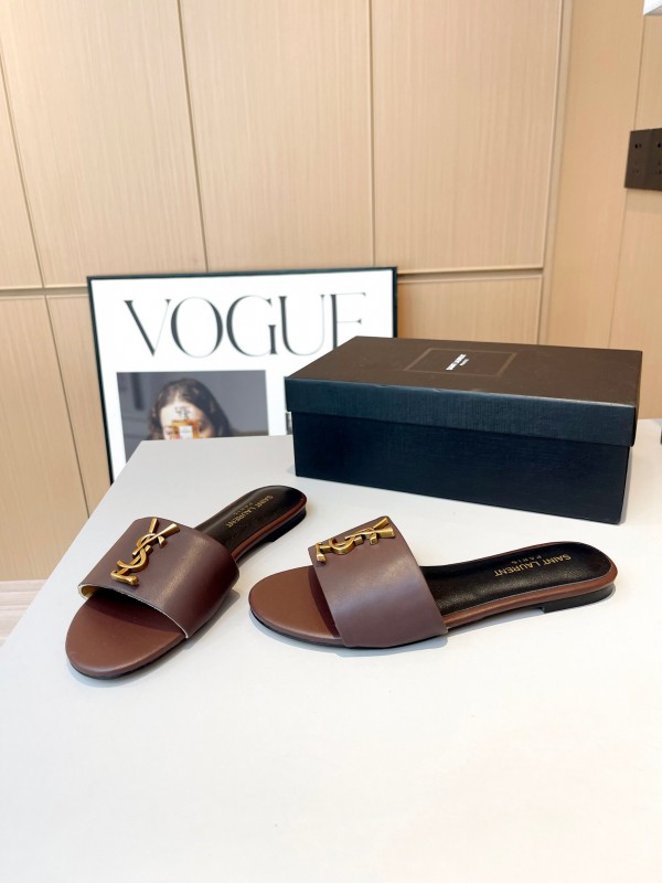 2025 Women Yves Saint Laurent Brown Leather Slippers LY00180