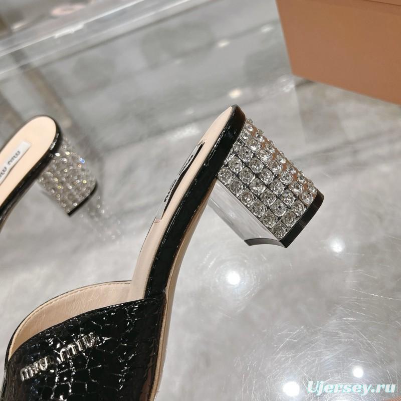 2025 Women Miu Miu Black Patent Leather Heeled Sandals