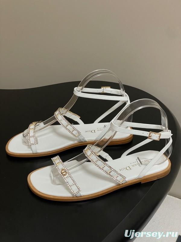 2025 Women Dior White Leather Flat Sandals Crystal Embellishment