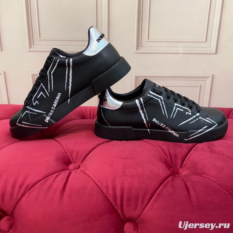 2025 Men Dolce & Gabbana Black Silver Leather Sneakers