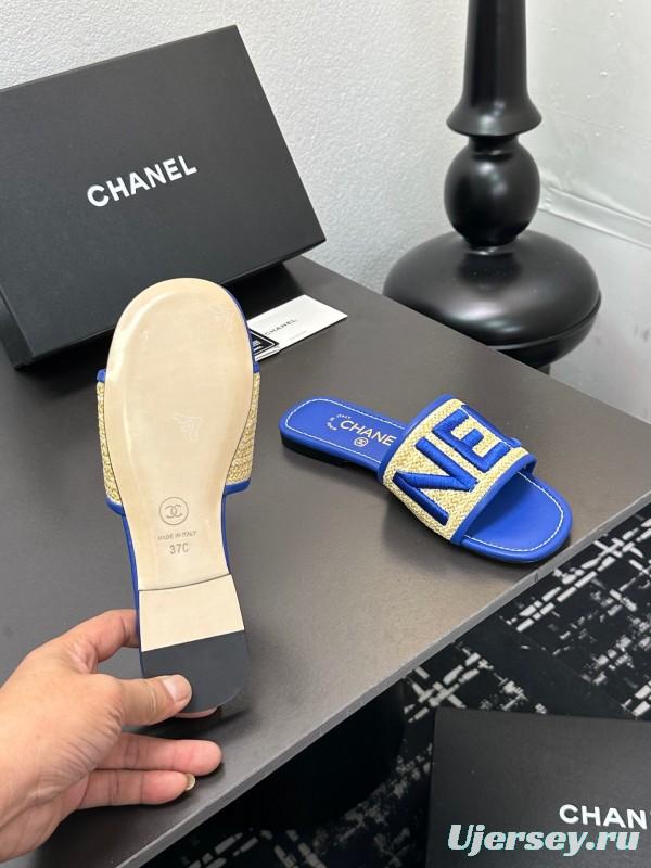 2025 Women CHANEL Blue Beige Canvas Slippers