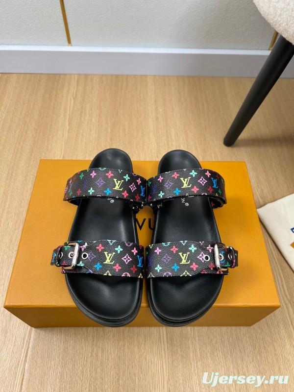 2025 Women Louis Vuitton Black Rainbow Canvas Slippers KFY00280