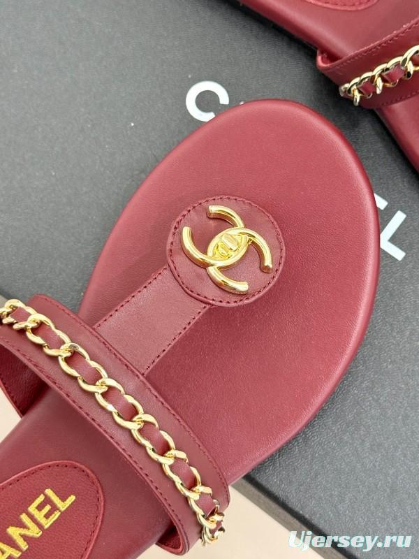 2025 Women Chanel Red Lambskin Chain Sandals KFY00250