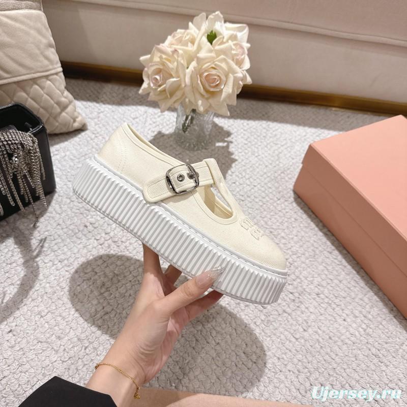 2025 Women Miu Miu White Canvas Platform Mary Jane LY00270