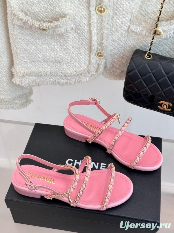 2025 Women Chanel Pink Leather Chain Strap Sandals