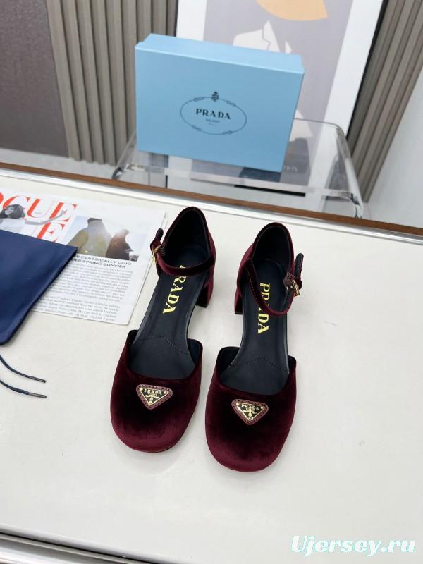 2025 Women Prada Burgundy Velvet Mary Jane Heel LY00270
