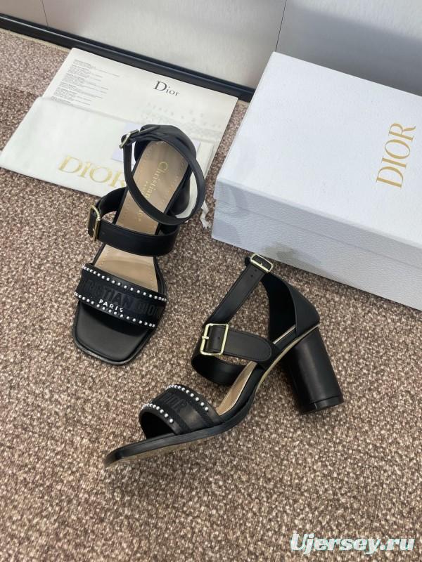 2025 Women Dior Black Leather Sandals Studded KFY00320