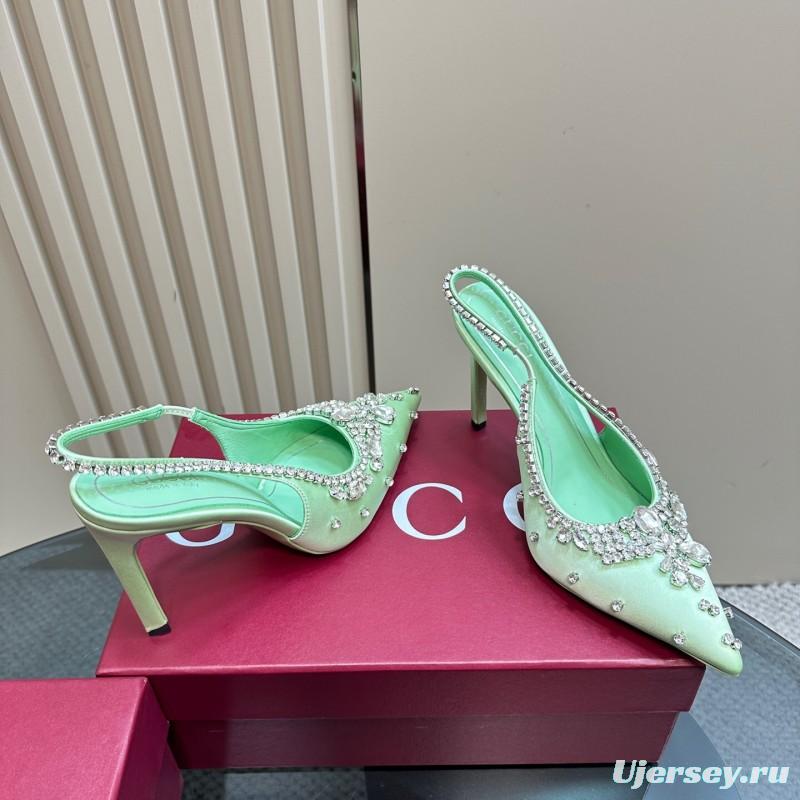 2025 Women Gucci Green Satin Slingback High Heel Crystal Embellished KFY00340