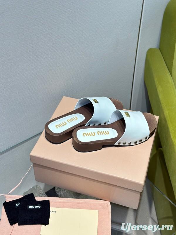 2025 Women Miumiu White Leather Slippers