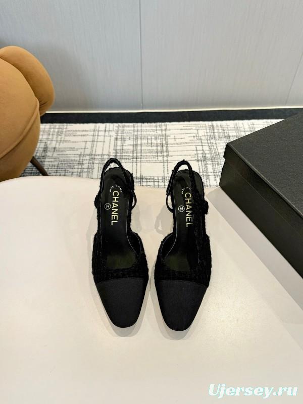 2025 Women Chanel Black Fabric Leather Slingback Heels LY00240