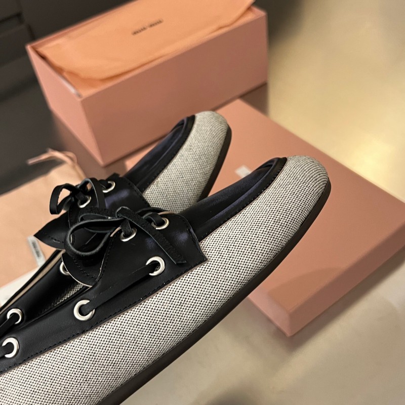 2025 Women Miu Miu Black Beige Leather Fabric Loafers