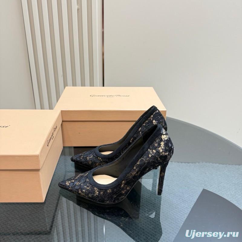 2025 Women Gianvito Rossi Black Lace Leather High Heel KFY00280