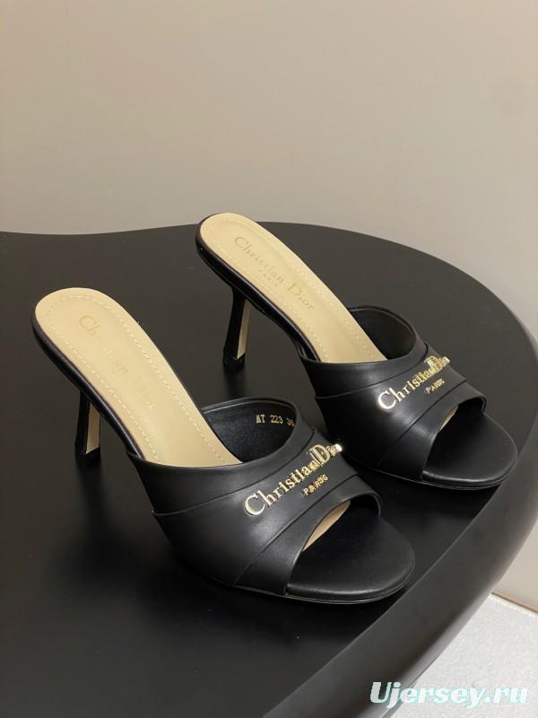 2025 Women Dior Black Leather High Heel Mules