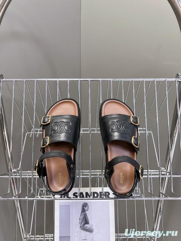 2025 Women Celine Black Leather Sandals Buckle KFY00280