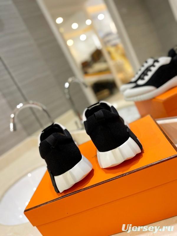 2024 Unisex Hermès Black White Knitted Leather Sneakers