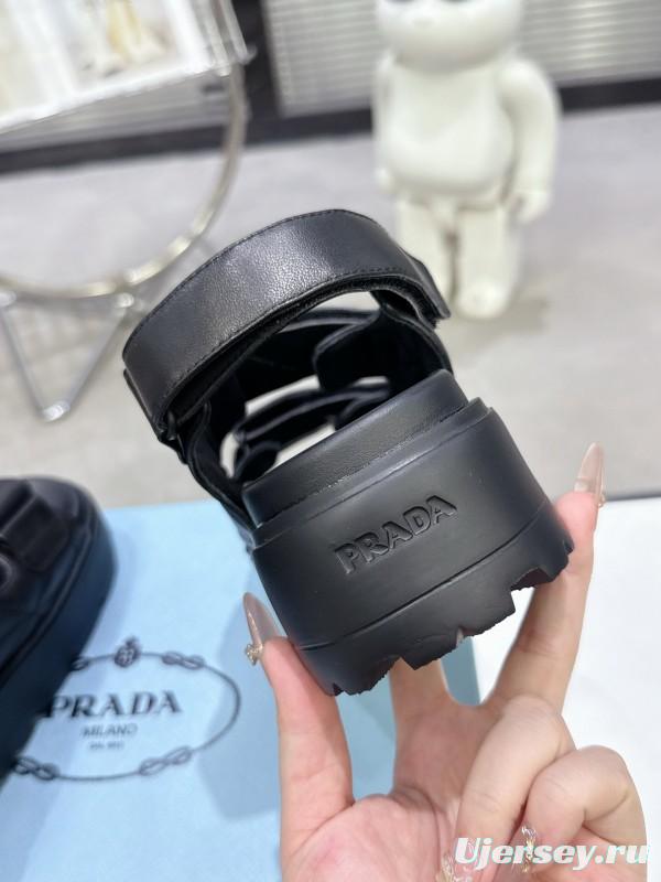 2025 Women Prada Black Leather Sandals