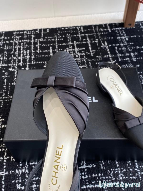 2025 Women Chanel Black Satin Silk Leather Sandals Bow KFY00289