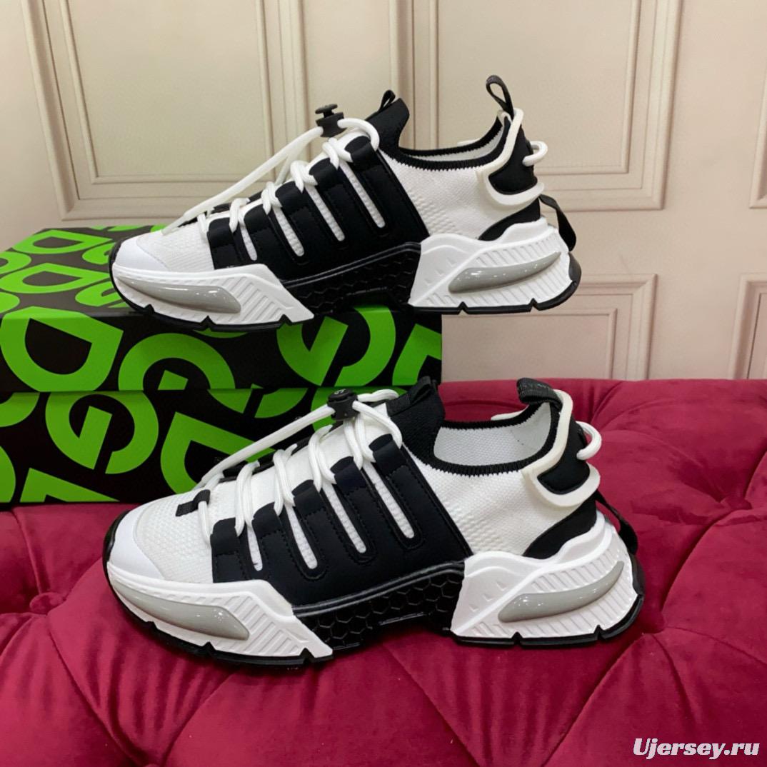 2024 Unisex Dolce & Gabbana Black White Knit Leather Sneakers MJ00340