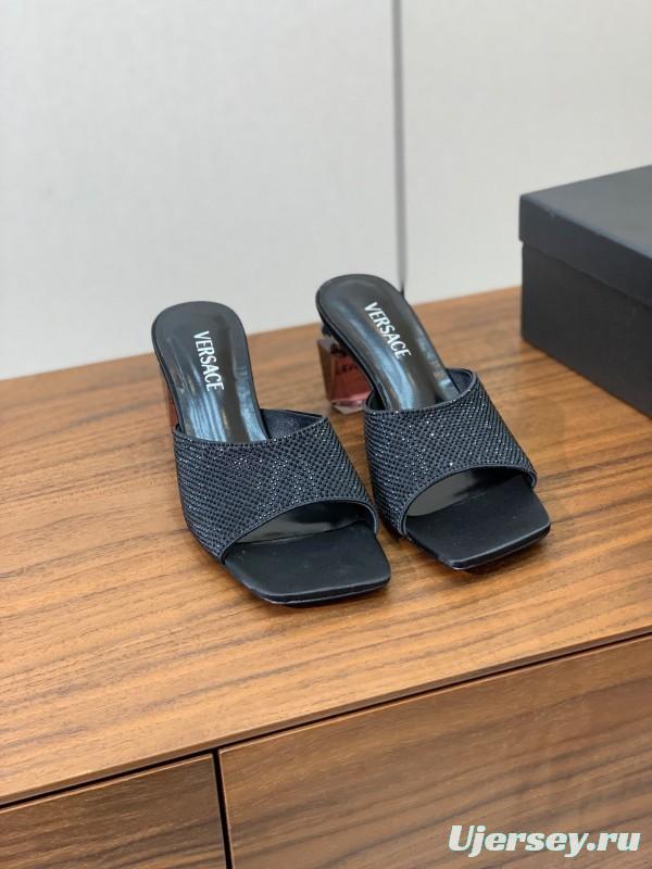 2025 Women VERSACE Black Silk Satin Slippers KFY00300